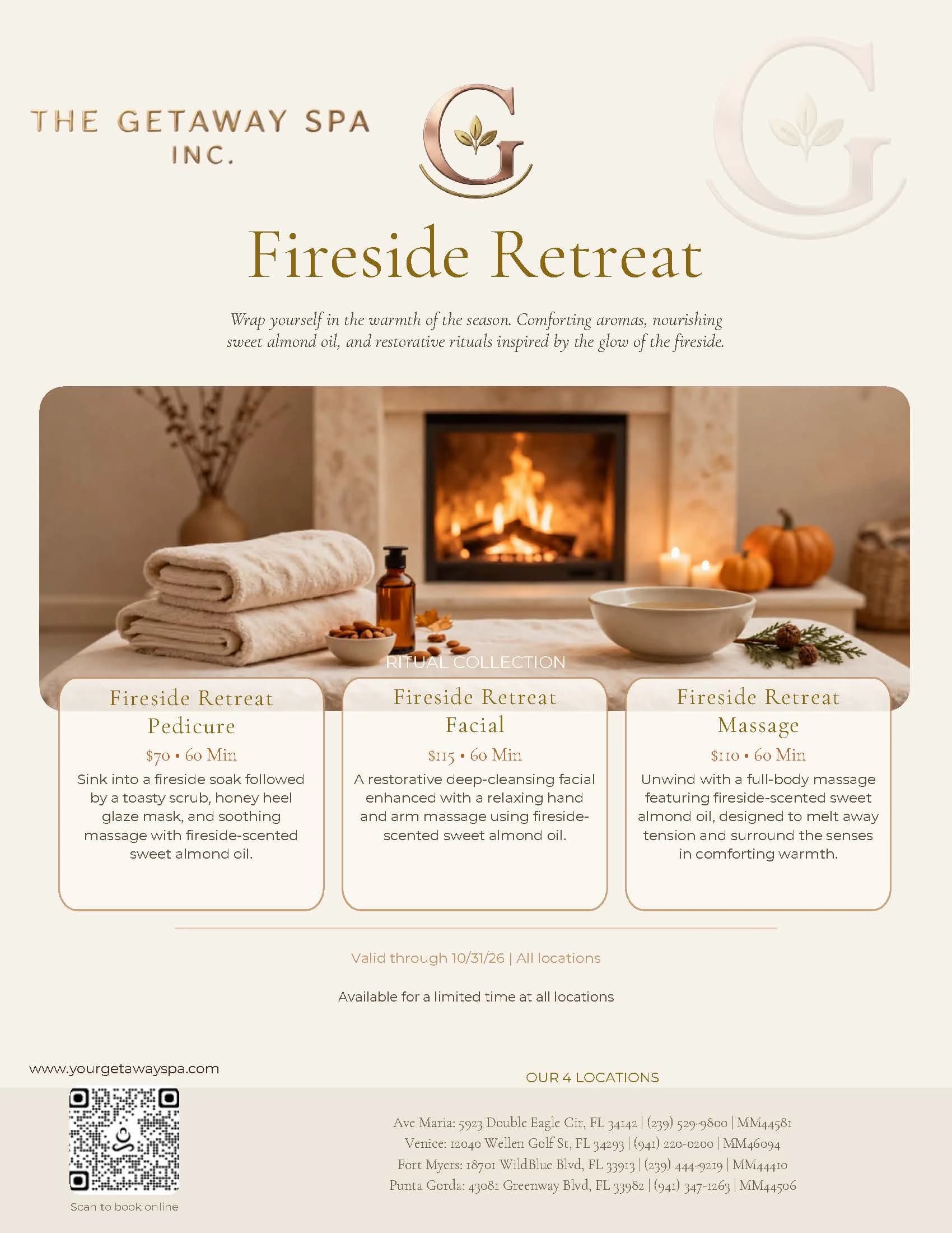 Fireside Retreat spa specials — original club flyer