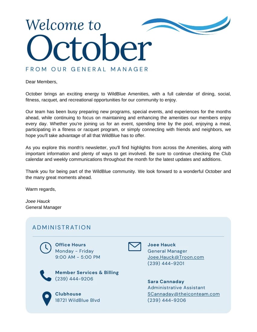 Administration & Member Services — original club newsletter page