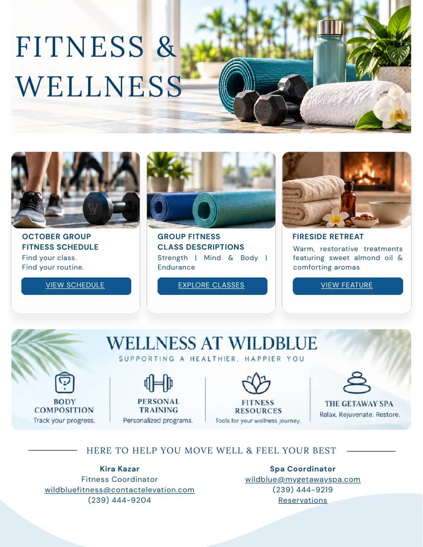 Fitness & spa contacts — original club newsletter page