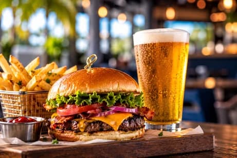 Burger, fries, and beer from the newsletter