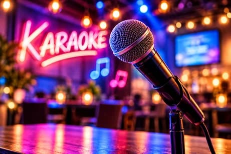 Microphone and neon karaoke artwork