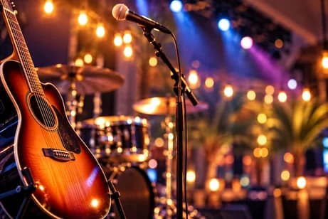 Guitar and stage lights in the newsletter’s live music artwork