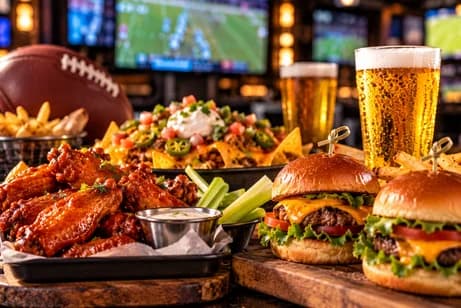 Football, wings, burgers, and beer artwork