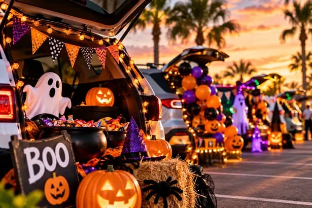 Decorated Halloween trunks and pumpkins