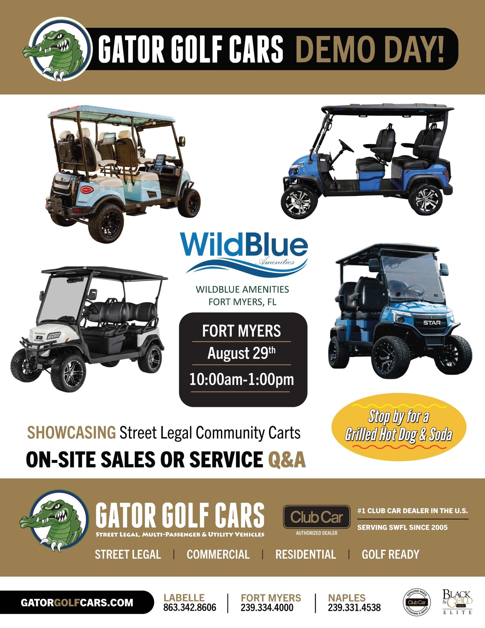 Official Gator Golf Cars Demo Day flyer from WildBlue Amenities