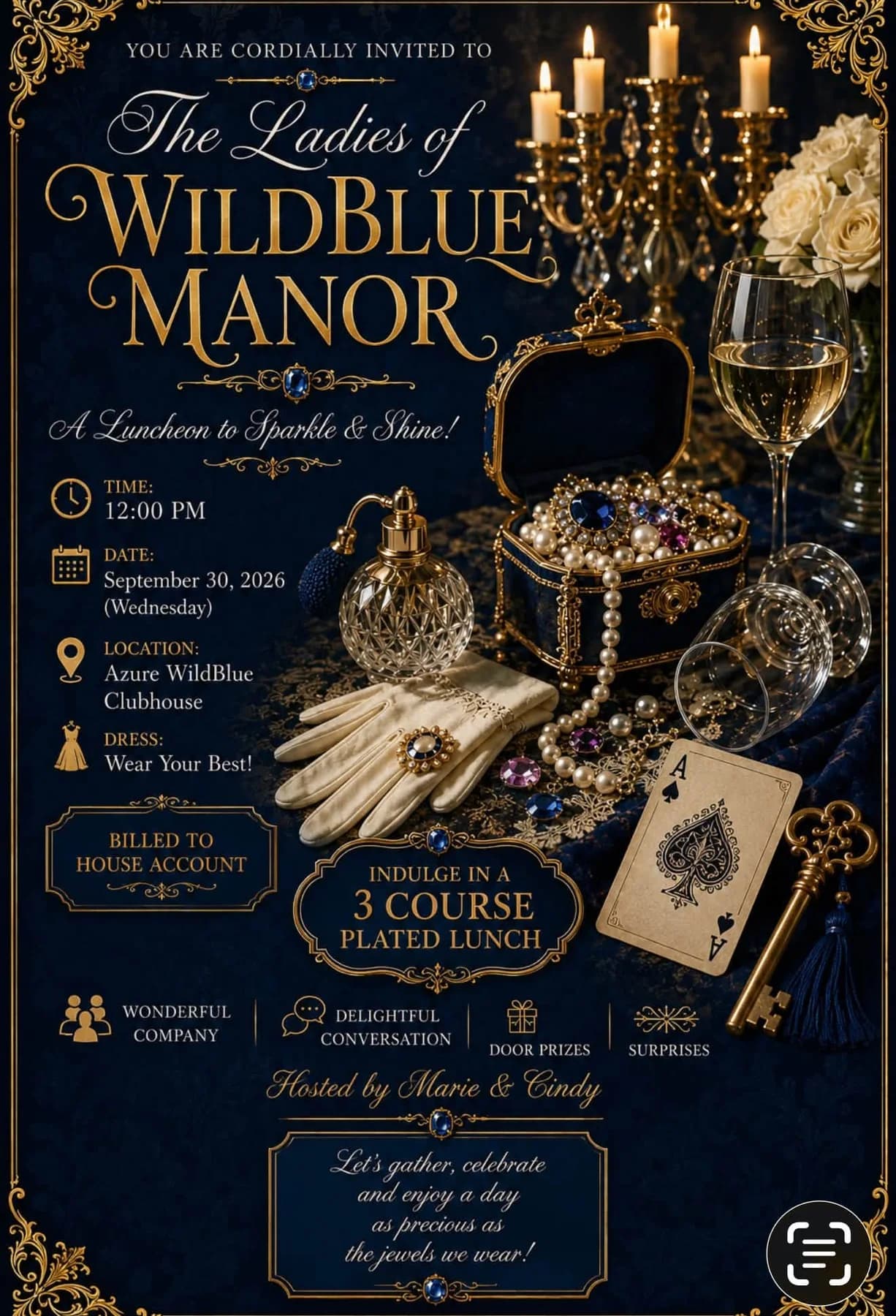 The Ladies of WildBlue Manor invitation in gold and navy with jewels and candles