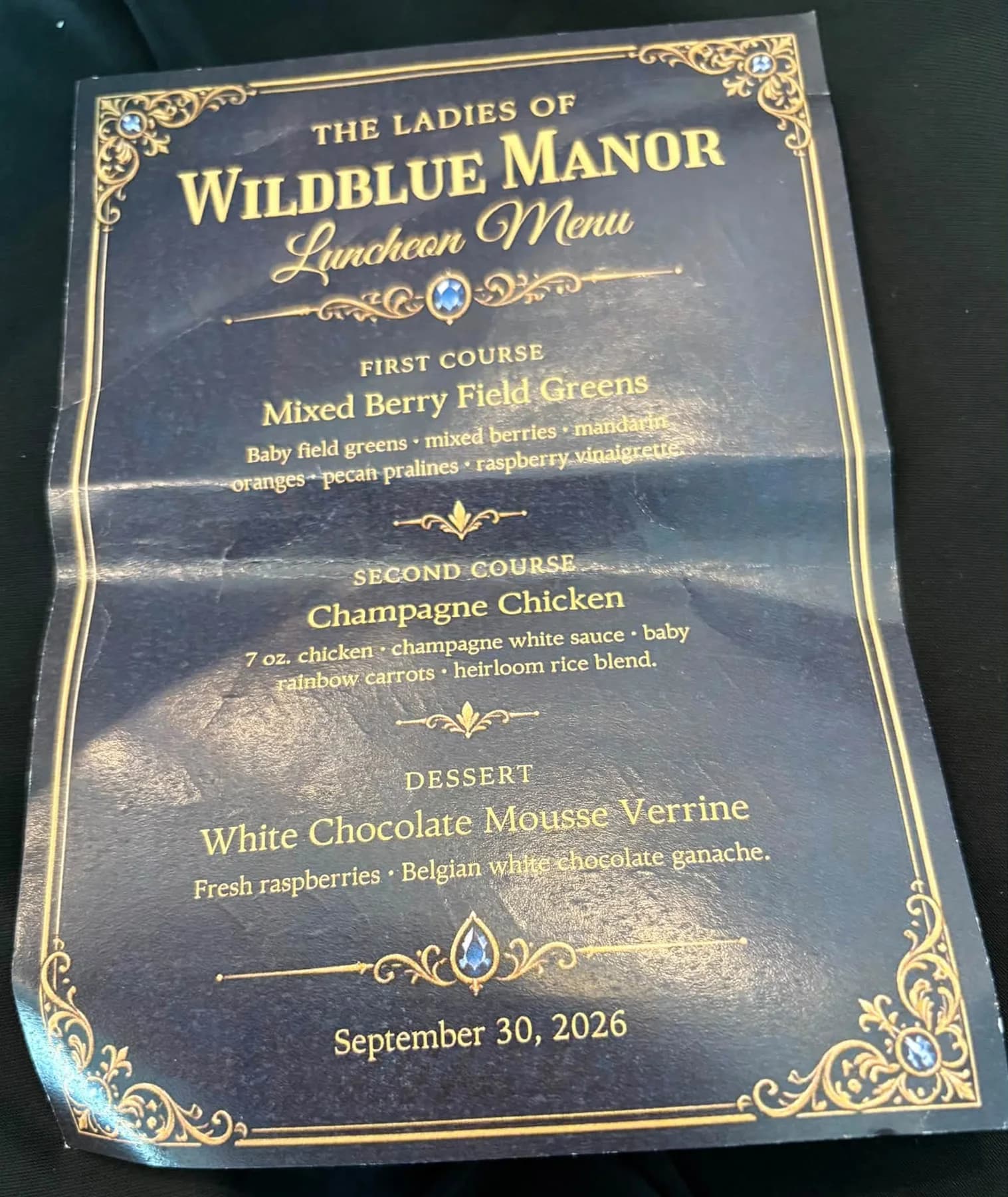 The Ladies of WildBlue Manor luncheon menu dated September 30, 2026