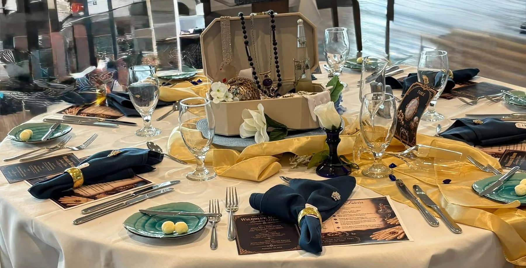 A view across the luncheon table toward the windows