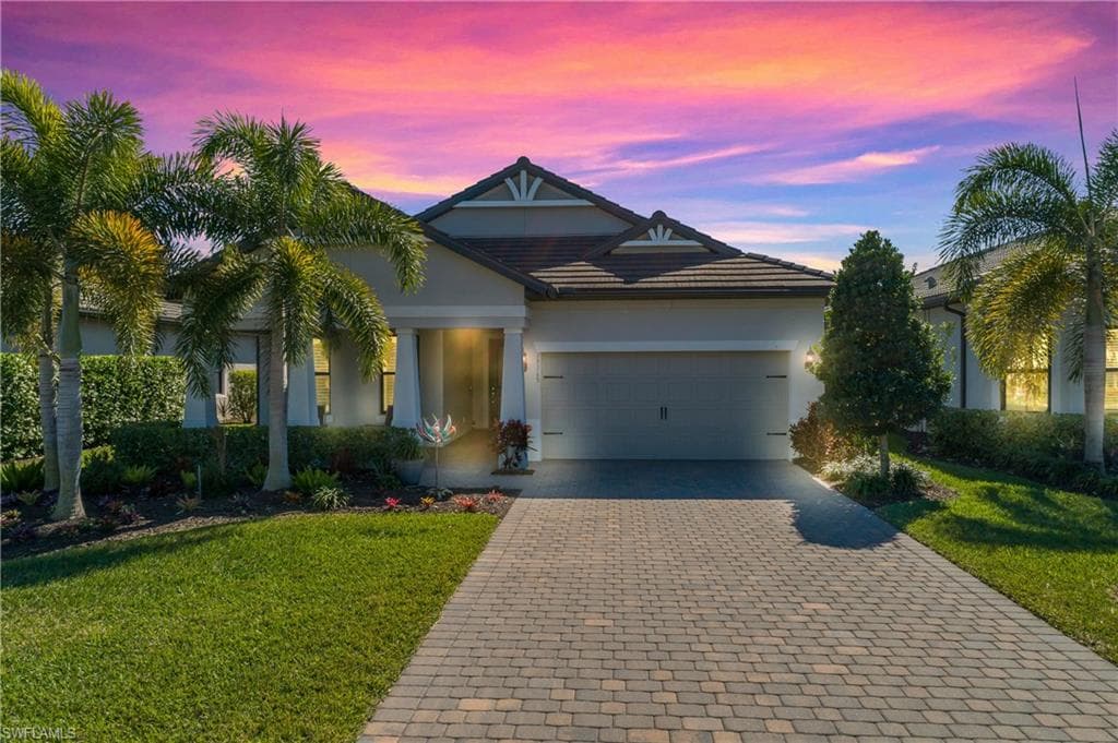 Front exterior at sunset