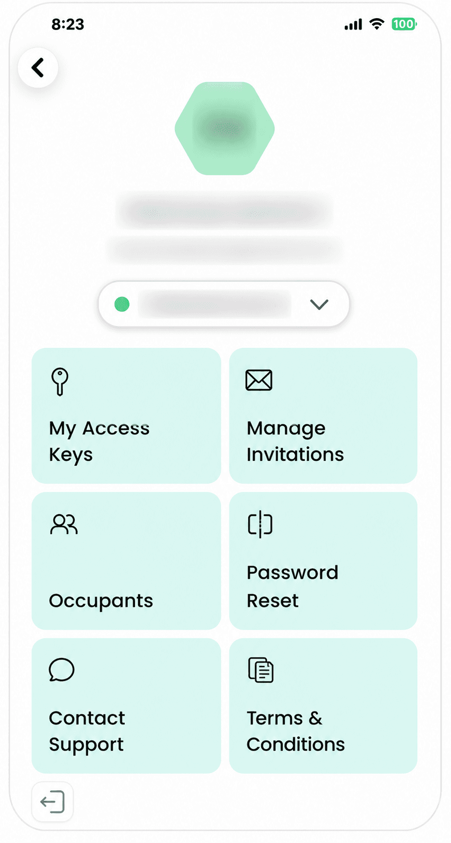 Privacy-redacted SAGE account menu showing access keys, invitations, occupants, password reset, contact support, and terms and conditions