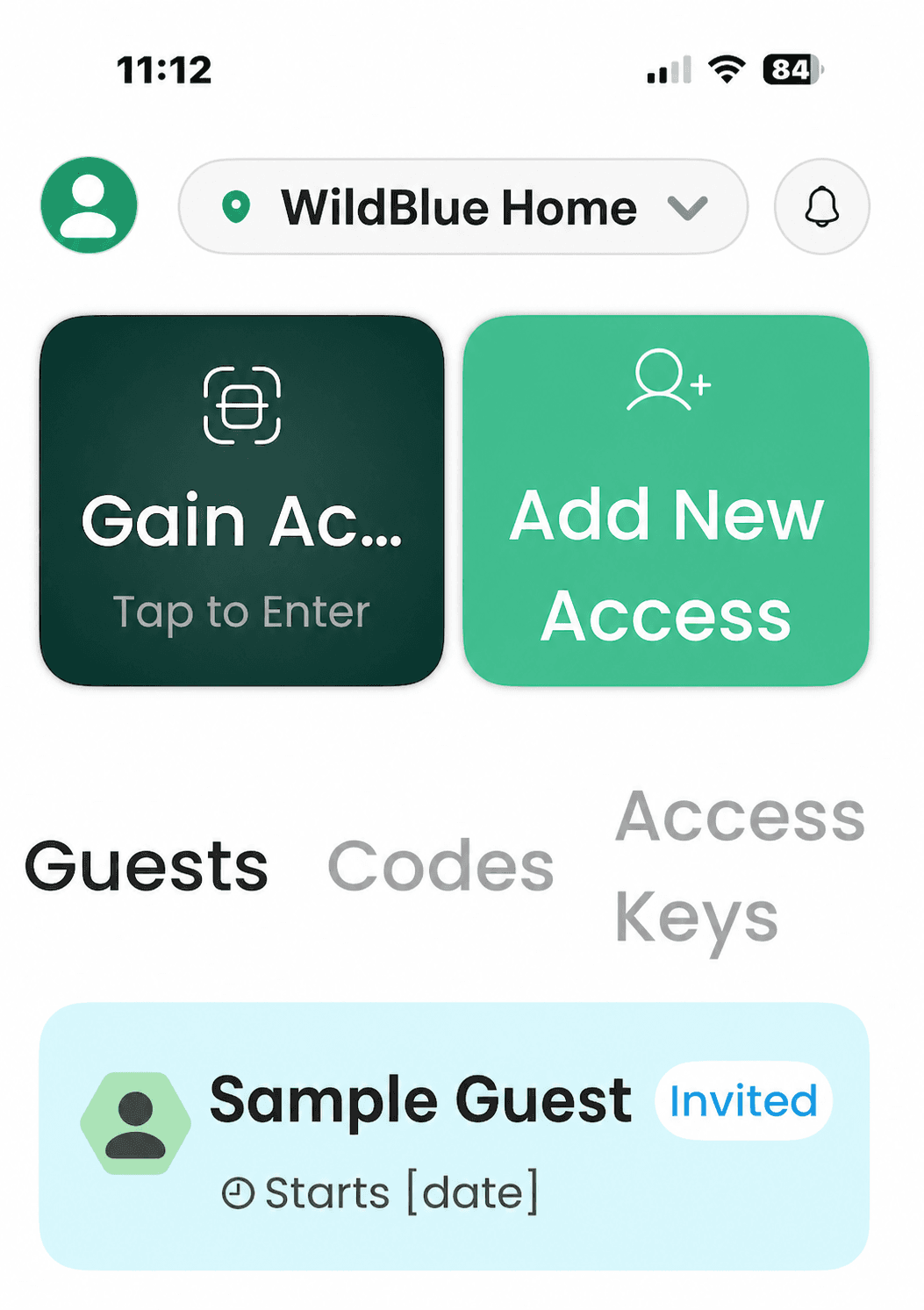 Privacy-redacted SAGE first-login dashboard showing property access, add new access, guests, codes, and access keys