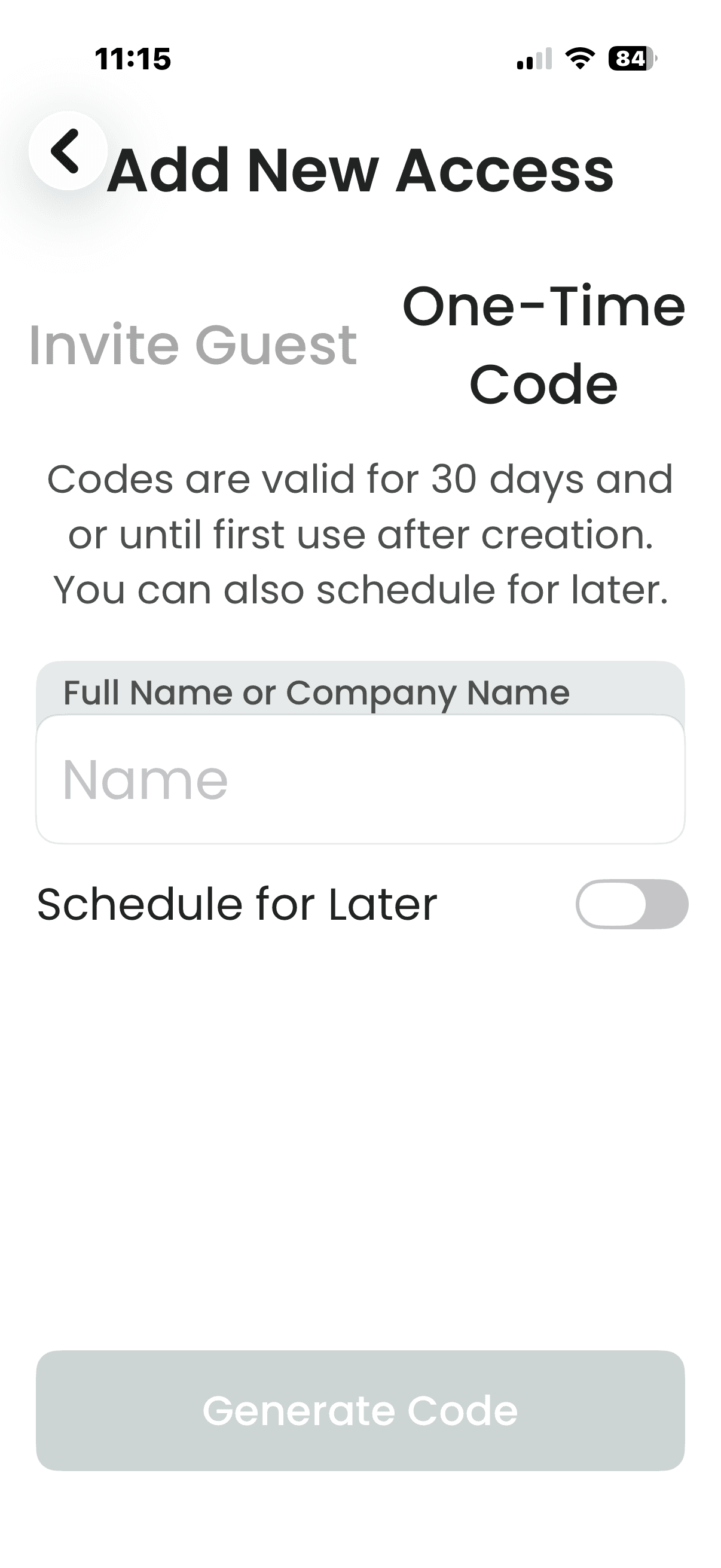 SAGE One-Time Code screen explaining validity and scheduling options
