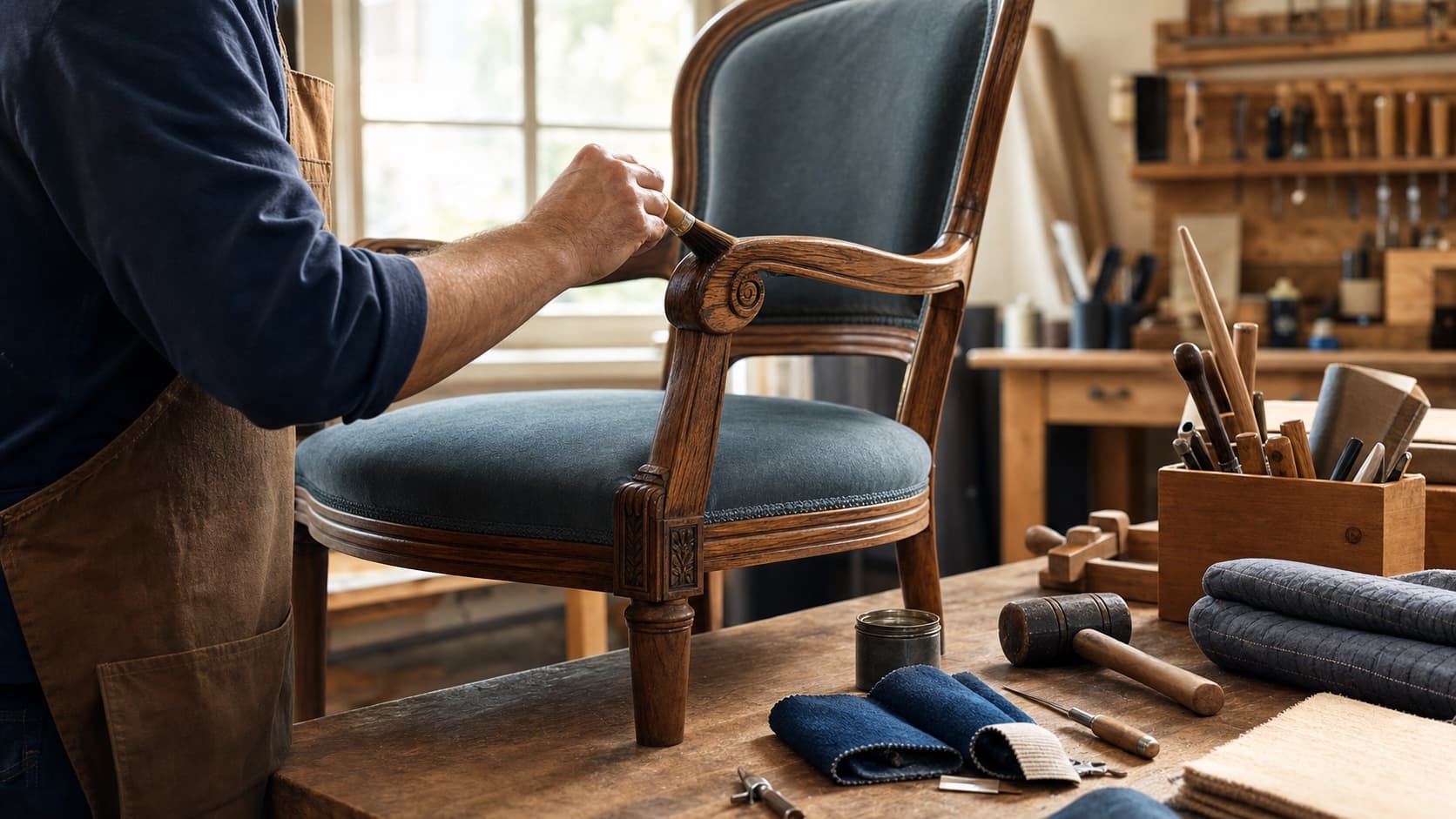Furniture craftsperson carefully restoring a wooden upholstered chair