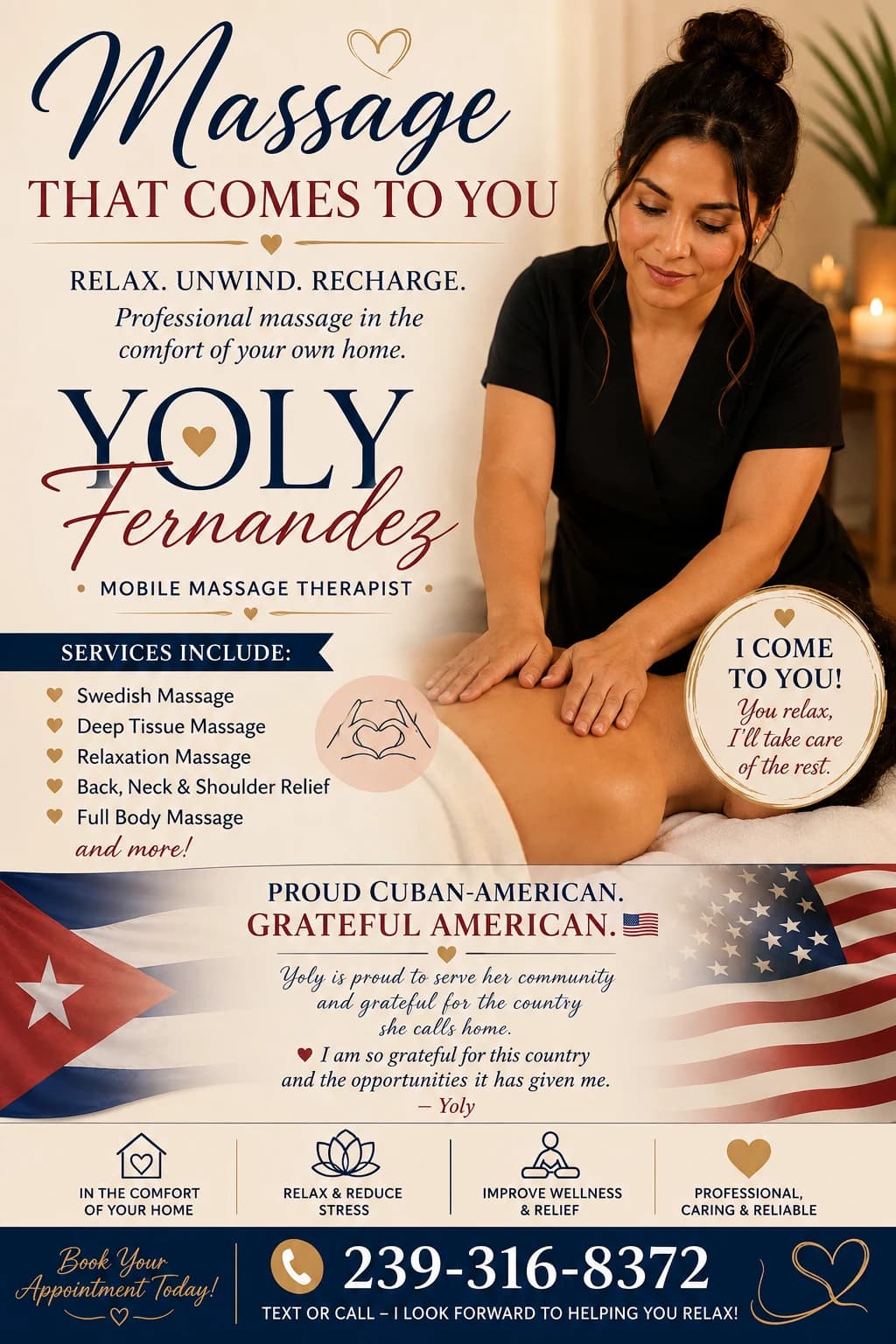 Yoly Fernandez mobile massage service flyer