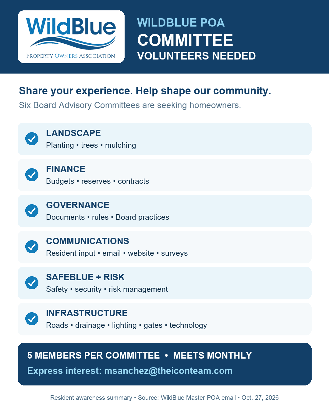 WildBlue POA committee volunteers needed