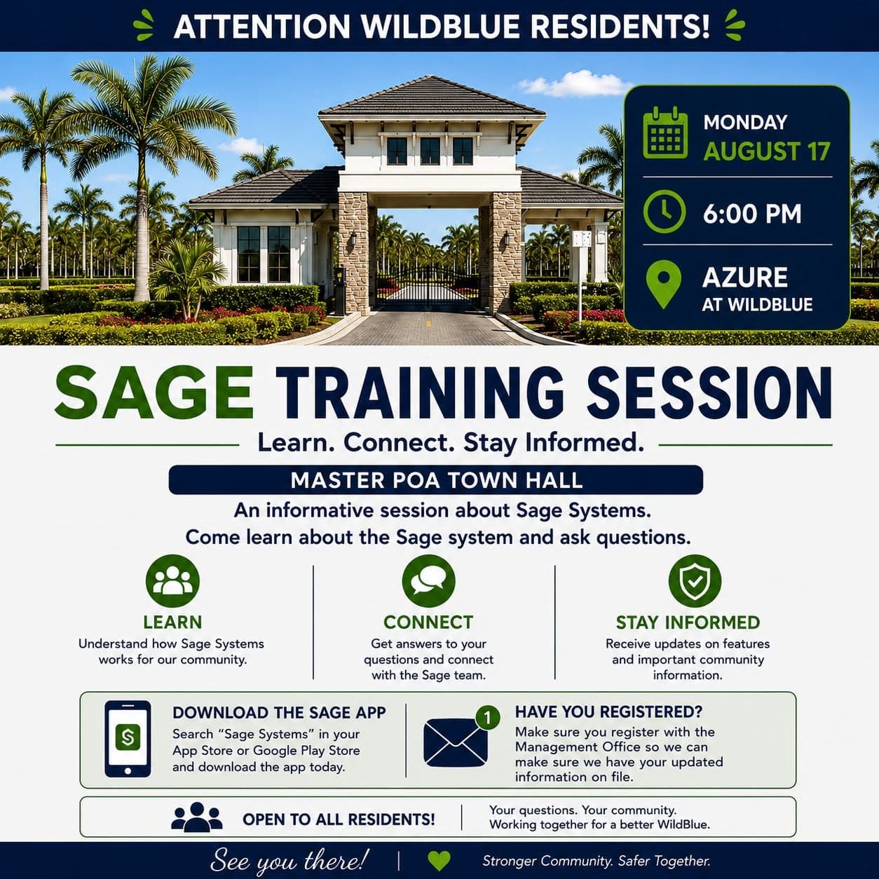 WildBlue SAGE training session announcement for Monday, August 17 at 6 PM at Azure at WildBlue
